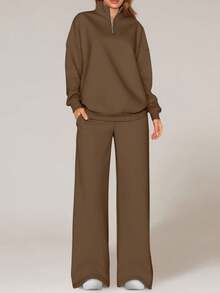 Womens Casual 2 Piece Sets Fall Outfits Quarter Zip Sweatshirts Straight Leg Pants Sweatsuits Tracksuit Valentine Vacation Spring Clothes For Women - Brown - View 4