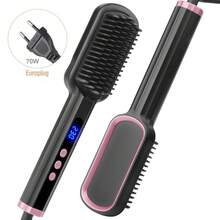 Negative Ion High Temperature Hair Straightening Brush, 2-In-1 Design Can Be Used As Comb And Hair Straightener, LCD Display With 13 Temperature Settings 100-230°C, Adjustable In 10°C Increments - EU C Type Plug(220-240V) - View 4