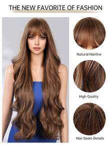 30 Inch Long Wig With Bangs Brown Synthetic Wigs For Women Bobo Wave Heat Resistant Long Wig Daily Party Uesd - 棕色 - 查看 8