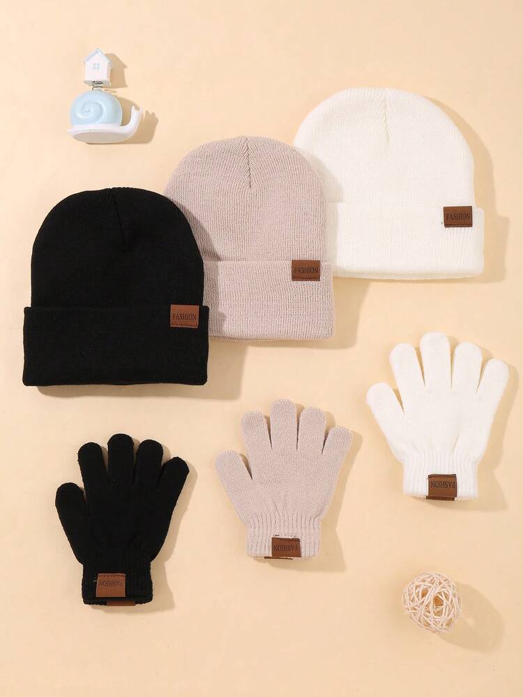 Juego de 2/6 piezas de gorro y guantes con logo de automóvil de moda en negro, blanco y caqui para uso casual diario en otoño e invierno para mantener el calor - Combinación de gorro y guantes de punto - Añade 2