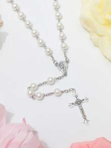 1pc Minimalist Fashion Faux Pearl Cross Rosary Long Handmade Necklace, Unisex Tassel Sweater Chain - White - View 4