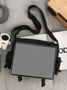 College Style Messenger Bag With Pendant, Waterproof, Large Capacity, Multi-Pocket, Flap Cover, Zipper Closure, Lightweight, Foldable, Suitable For Middle/High School, University Students, & Versatile For Men & Women Shopping Bag Canvas Tote Bag - Black - View 9