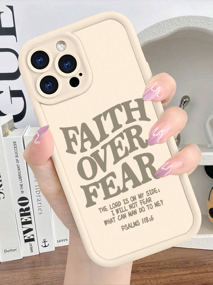 Uplifting Faith Over Fear Christian Phone Case - Soft TPU Protective Cover - Shockproof & Anti-Slip For IPhone 16 Pro Max/15 Pro/14 Pro Max (Inspirational Bible Verse Design, Minimalist Style) - 古董白 - 查看 1