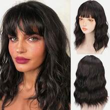 14" Black  Short Curly Bob Wig With Bangs For Women - Matte Heat-Resistant Fiber | Breathable Rose Net | Women Christmas Holiday Daily Wear - Black - View 2
