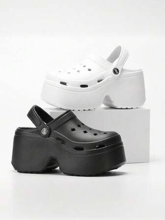 2025女式厚底镂空一脚蹬凉鞋，2025新款夏季户外防滑防臭沙滩鞋，EVA坡跟拖鞋