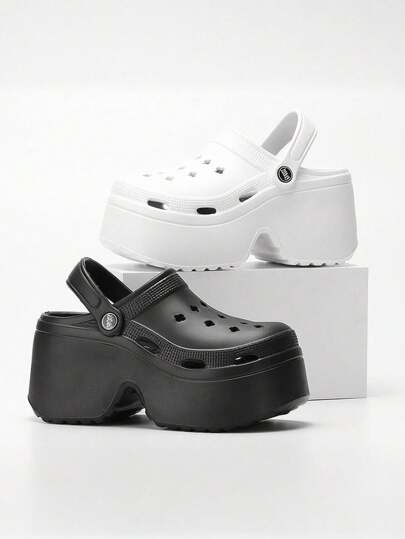 2025女式厚底镂空一脚蹬凉鞋，2025新款夏季户外防滑防臭沙滩鞋，EVA坡跟拖鞋