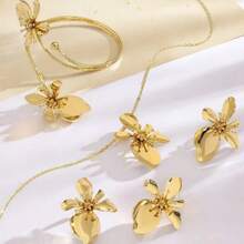 1 conjunto feminino estilo férias de verão colar com pingente de flor assimétrico dourado, 1 par de brincos, 1 anel, 1 pulseira - Ouro amarelo - Ver 4