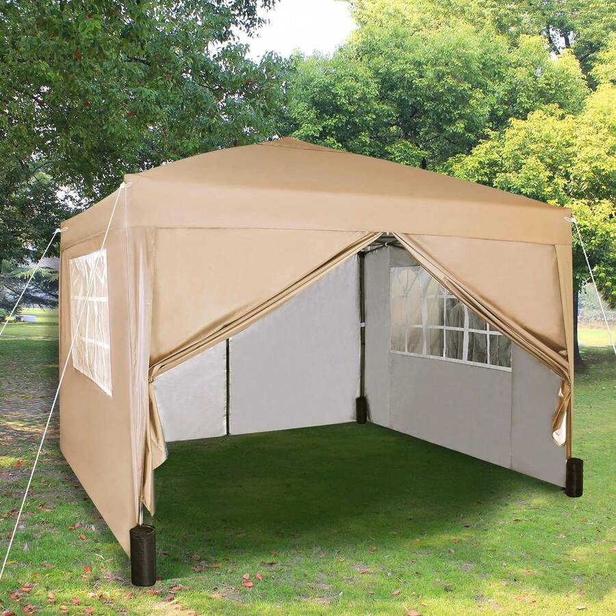 MCC Direct Pop-Up Gazebo 3m X 3m With Sides 2 Wind Bars & 4 Weight Bags & Silver Protective Layer Waterproof Marquee Canopy WS - Beige - View 1