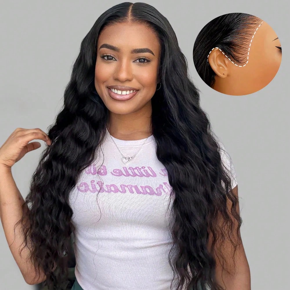 13x6 Three-Part Wavy Bohemian Lace Front Wig, Transparent Hairline, With Drawstring, Pre-Plucked Natural Hairline, Pre-Bleached Knots, Human Hair Wig
