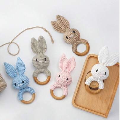 1pc Hand Knitted Rabbit Rattle - Soft Plush Rabbit Ring Toy, Multi-Color Rabbit Baby/Infant Rattle Toy, Baby Sleep Aid Tool, Concentration Training, Easy To Grab Suitable For Infants And Toddlers, Mixed Textile, Promotes Visual And Auditory Development, And Trains Their Grasping Of Baby Toys, Attracts Baby's Attention, Soothing Ringing Sound, Suitable For Nursery Decor, Cognitive Development, Suitable For Easter, Christmas, Birthday And Newborn Gifts, Easter Gift