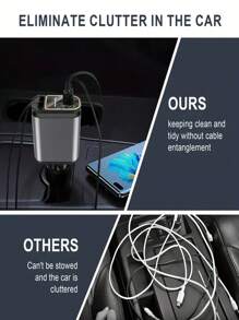 Retractable Phone Car Charger - 4-In-1 Fast Car Phone Charger 120W With Retractable Cord (31.5 Inches) And 2 USB Ports Car Charger Adapter, Compatible With IOS And Android Multi-Function Devices Suitable For Daily Commute, Long Drive, Charging While Driving Car Accessories - Black - View 9