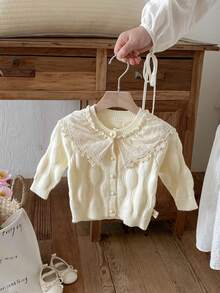 Autumn Baby Girl Embroidered Floral Trim Cardigan - Apricot - View 2