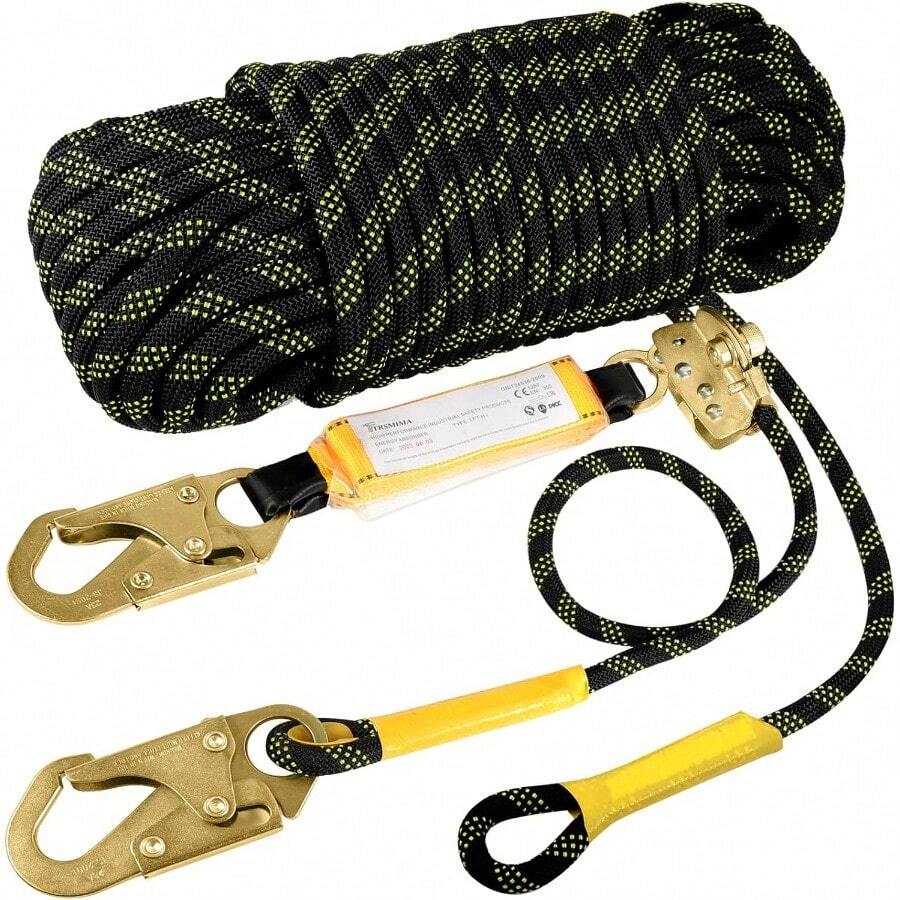 Rope Harness Safety Lanyard50ft Vertical Roofing Rope With Grab Snap Hooks Shock Absorber Fall Protection Tree Climbing Line Kit Heavy Duty Roof Safety Equipment ANSI CE