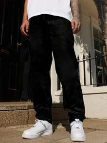 leev 男士直筒牛仔裤，棉质斜口袋，水洗牛仔布，个性化百搭阔腿水洗牛仔裤，直筒宽松男友风，垃圾摇滚 - 黑色 - 查看 1