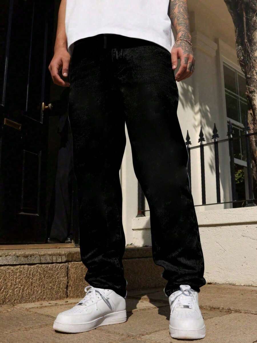 leev 男士直筒牛仔裤，棉质斜口袋，水洗牛仔布，个性化百搭阔腿水洗牛仔裤，直筒宽松男友风，垃圾摇滚 - 黑色 - 查看 1