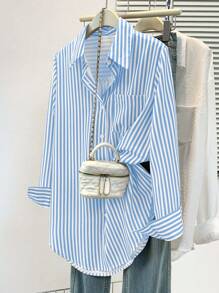 女士休闲基本款条纹尖领长袖衬衫上衣，带纽扣口袋，日常办公室穿着秋冬春装​ - 藍色 - 查看 6