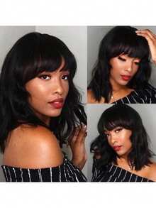 14" Black  Short Curly Bob Wig With Bangs For Women - Matte Heat-Resistant Fiber | Breathable Rose Net | Women Christmas Holiday Daily Wear - Black - View 3
