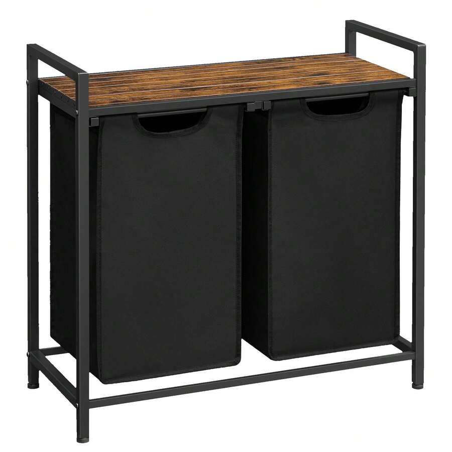 VASAGLE Laundry Hamper Organizer Laundry Basket Laundry Sorter With 2 Pull-Out And Removable Bags, Shelf, Metal Frame, 2 X 12.1 Gallons, 28.8 X 13 X 28.4 Inches, Ink Black And Rustic Brown - 黑色 - 查看 1