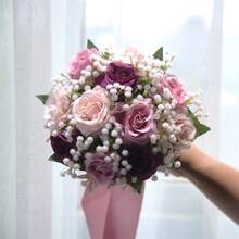 Artificial Rose Wedding Bouquet, Wedding Flower Bouquet, Artificial Silk Fabric Bouquet, Bridal Bouquet, Valentine's Day Gift, Home Tabletop Artificial Flower Bouquet Ornament - 紫色 - 查看 4