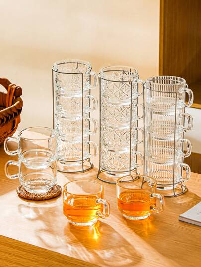 4pcs Glass Tea Cup, Coffee Cup Set, Stackable Mugs Set - Easy To Clean Glass Material With Metal Holder, Ideal For Hot Cocoa And Holiday Gatherings, Dishwasher Safe, Comfortable For Apple Cider, Coffee Or Tea