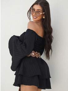 Short Off-The-Shoulder Romper Dress With Puff Sleeves - Black - View 2