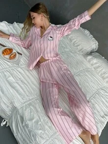 【奇幻世界】情人节Hello Kitty女士翻领纽扣长袖衬衫睡衣+松紧腰裤睡衣套装（2件套） - 粉色 - 查看 4