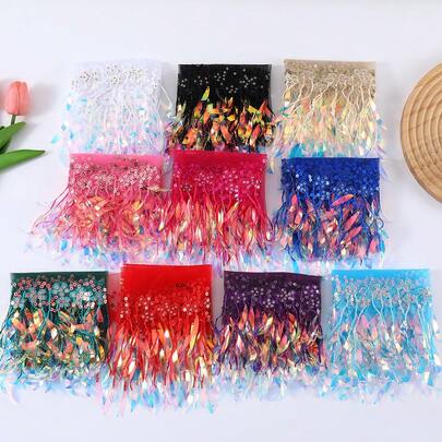 2 Yards Colorful Sequins Tassel Fringe Floral Tulle Lace Ribbon Trim Edge Edging Trimmings Fabric Embroidered Applique Sewing Craft Prom Party Dress Halloween Costume Wedding