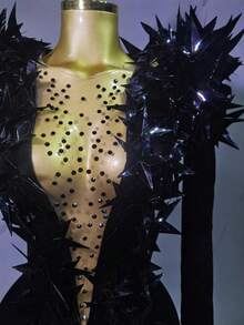 New Shiny Black Rhinestone Velvet Long Sleeve Bodysuit Women Evening Party Club Gala Hosts  Bar Stage Costumes - TRẮNG - Xem 3