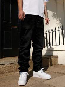 leev 男士直筒牛仔裤，棉质斜口袋，水洗牛仔布，个性化百搭阔腿水洗牛仔裤，直筒宽松男友风，垃圾摇滚 - 黑色 - 查看 6