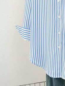 女士休闲基本款条纹尖领长袖衬衫上衣，带纽扣口袋，日常办公室穿着秋冬春装​ - 藍色 - 查看 4