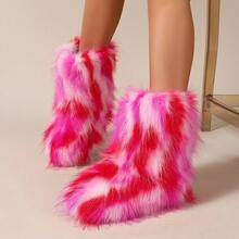 女式人造毛皮靴毛茸茸圆头绒面革冬季舒适毛绒保暖短款户外室内平底鞋中筒靴时尚靴子 - 彩色 - 查看 3