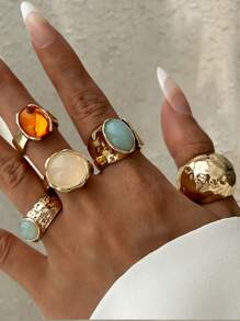 9pcs Set Asymmetrical Hollow Heart Rhinestone Faux Gemstone Star Burst Design Chunky Rings, Cute Stackable Fashionable Elegant Vintage Style, Suitable For Holiday, Party, Date, Daily Wear, Gift - Yellow Gold - View 9