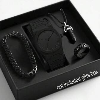 一套黑色橡胶表带手表，创意运动休闲设计，可调节表带和圆形表盘，男女皆宜的石英表，包含吊坠项链、手链和戒指，适合日常佩戴、生日礼物、派对、节日聚会等场合，不含包装盒。