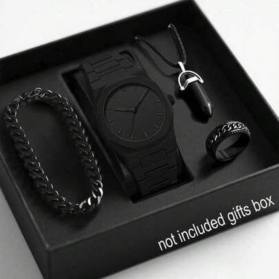 一套黑色橡胶表带手表，创意运动休闲设计，可调节表带和圆形表盘，男女皆宜的石英表，包含吊坠项链、手链和戒指，适合日常佩戴、生日礼物、派对、节日聚会等场合，不含包装盒。