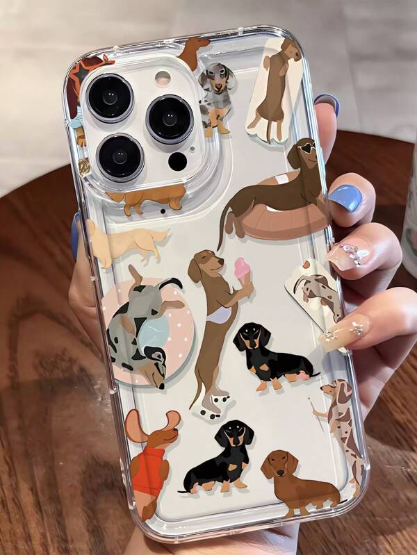 1pc Sausage Dog Pattern Transparent TPU Full Body Shockproof Anti-Fingerprint Phone Case Compatible With IPhone