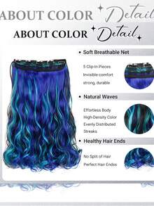 Peluca sintética ondulada de 18 pulgadas, extensiones de cabello con 5 piezas de clip, hechas de fibra sintética, resistente al calor, disponible en negro/rojo, adecuado para uso diario y vacaciones - Multicolor - Ver 4