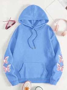 Women's Plus Size Butterfly Hoodie - Grey Base With Pink Trim, "Be Yourself" Print, Comfortable Pullover Hoodie, Suitable For Autumn/Winter Wear - Blue - View 2