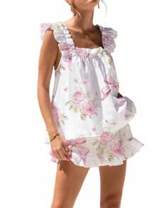 Womens Pajamas Set Bow Floral Print Ruffle Sleeveless Tank Top And Shorts Sleepwear Set Summer 2 Piece Outfits Women Floral Print Pajama Sets 2 Piece Lounge Set Ruffle Trim Sleeveless Top And Shorts Pjs Sleepwear - 白底玫瑰花 - 查看 6