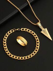 3pcs/Set Men's Hiphop Stainless Steel Chain Swivel Clasp, Pressure Resistant Ring, Bracelet, Cross Necklace - Arrow Three Piece Set - View 18