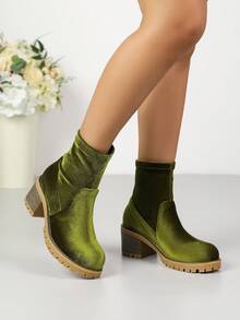 Fall/Winter Vintage Green Chunky High Heel Ankle Boots, Boots For Women - Olive Green - View 8