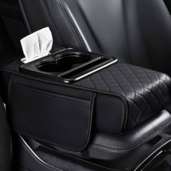 Car Armrest Cover, Faux Leather Center Console Pad With 2 Side Pockets + 2 Cup Holders, Multifunctional Storage For Phones/Water Bottles/Cards, Fits Most Car Models, Tissue Box Included, Enhances Comfort And Aesthetics.