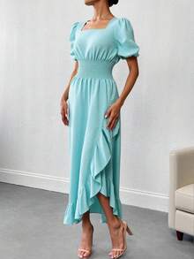 Vestido con estampado de lunares y volantes, cuello cuadrado, falda larga con cintura de manga corta - Verde - Ver 3