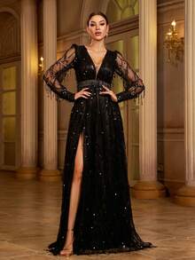 Missord 深V領燈籠袖高衩亮片正式連衣裙 - 黑色 - 查看 2