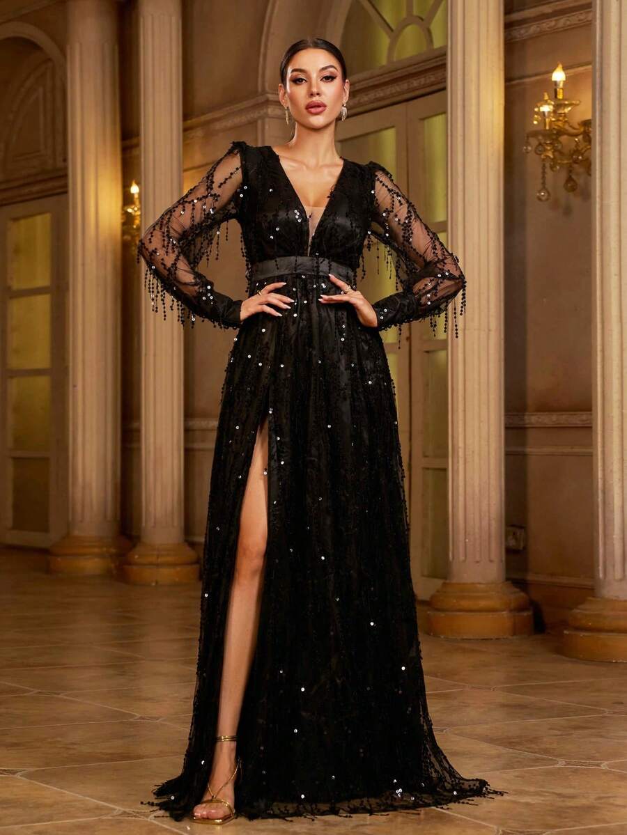 Missord 深V領燈籠袖高衩亮片正式連衣裙