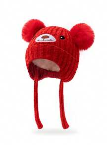 1顶儿童针织帽，带熊耳朵和双绒球，冬季保暖护耳，适合婴幼儿 - 1PC - 查看 4