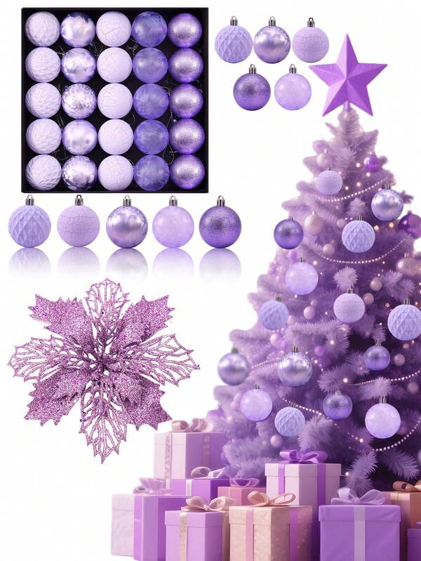 Conjunto de 25 bolas de Natal roxas para enfeites de árvore, bolas de decoração de Natal para árvore de Natal, bolas de Natal inquebráveis, conjunto de bolas decorativas de plástico, bolas de Natal penduradas para árvore, guirlanda de decoração de feriado