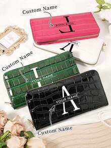 1 pieza Billetera larga personalizada con nombre y letras A-Z, Portacartas con diseño de firma personalizada, Billetera larga personalizada con nombre y letras A-Z, Portacartas personalizado con firma, Nueva billetera retro larga de mujer, Puede contener teléfono, bolsa de almacenamiento multifuncional, bolsa larga para tarjetas de mujer - Negro - Ver 3