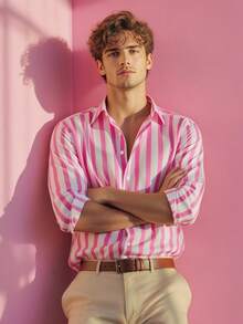 Men's Casual Button-Down Long Sleeve Striped Shirt, Fall, Christmas