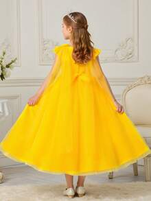 Girls Elegant Lace Princess Dress, Children's Multilayer Tulle Bowknot Party Dress, Girls Birthday Party, Wedding, Piano Recital Formal Gown With Shawl, Long Tie Back Butterfly Dress - Yellow - View 3