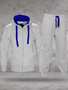 LoveMyFashions Men's 2pcs Set Tracksuit Full Sleeve Solid Color Drawstring Waist Zip Up Hoodie & Sweatpants Two Pieces Set With Pockets - Grey/Blue - View 4